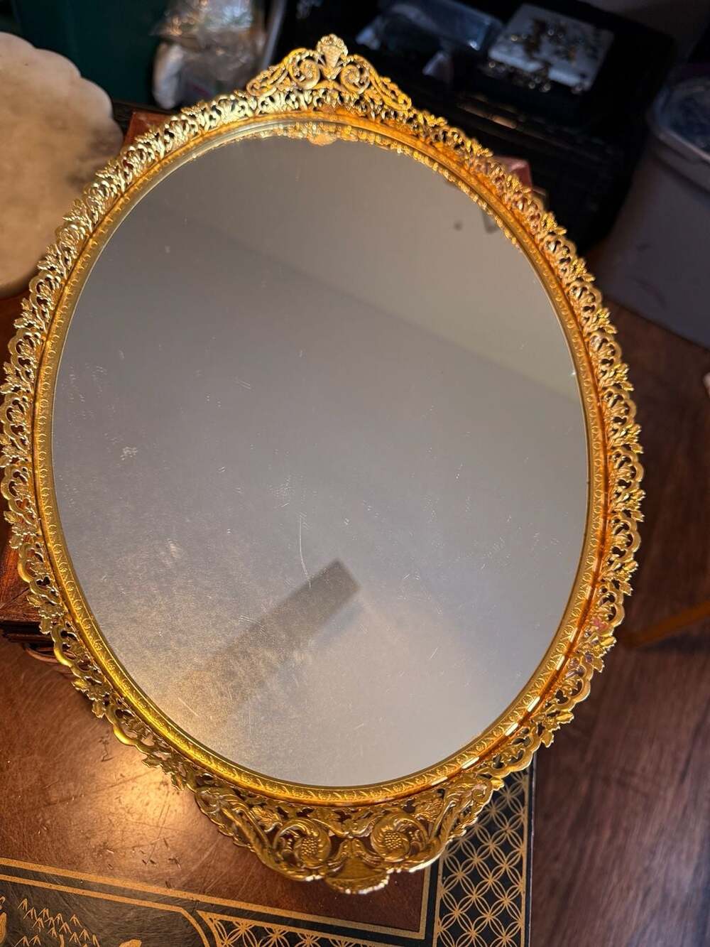 Vintage Matson Hollywood Regency Gilt Brass Oval Vanity Mirror Tray